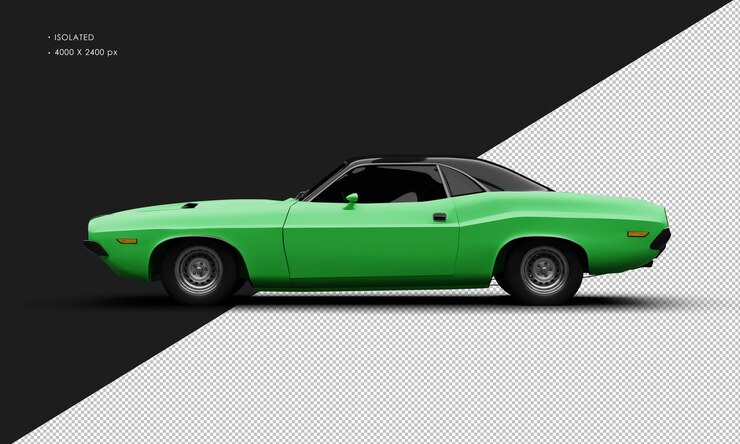 PSD muscle car esporte clássico verde fosco isolado realista da vista do lado esquerdo