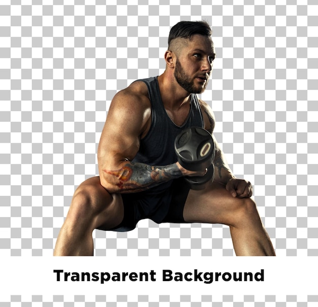 Muscular man lifting dumbbell against transparent background