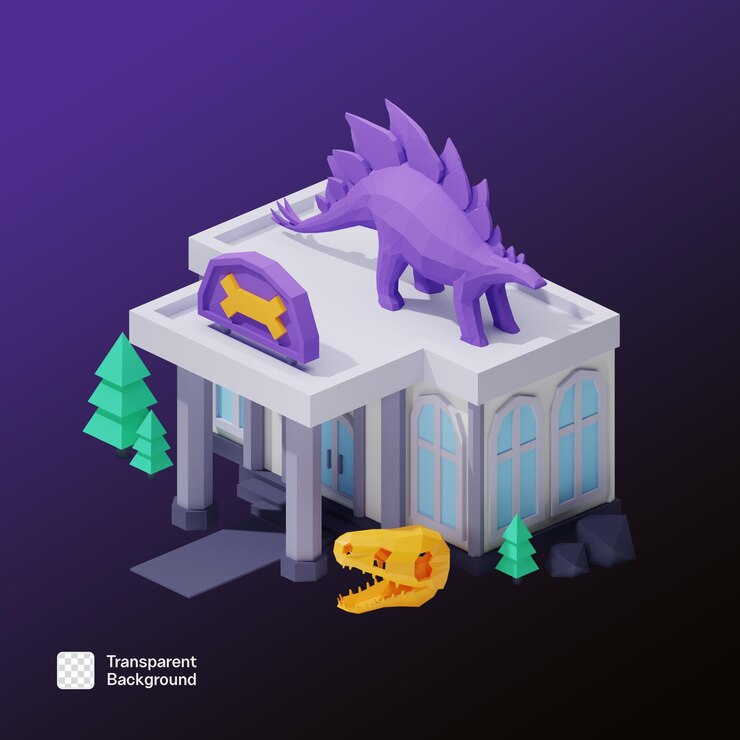 PSD el museo isométrico de los dinosaurios ilustración de dibujos animados en 3d