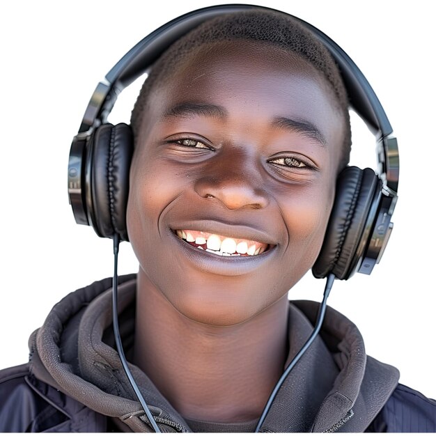 La música es mi vida adolescente africano alegre con auriculares escuchando la música y expresando positividad