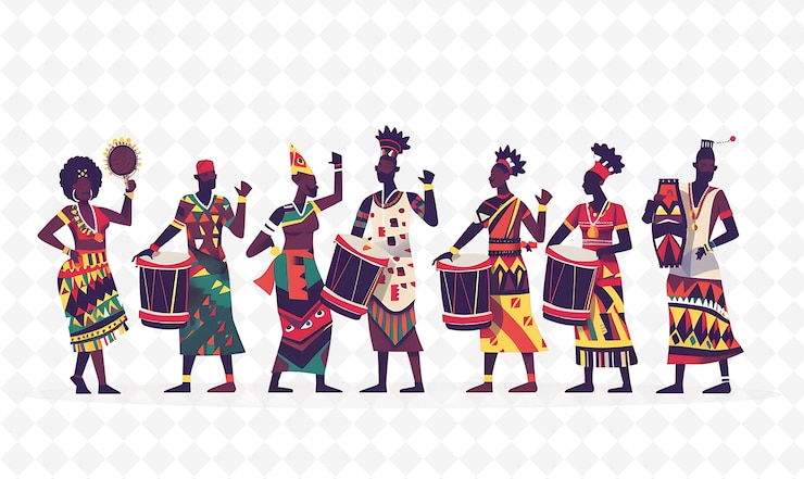 PSD musicians playing traditional instruments in uganda design i illustration cutural landscape view
