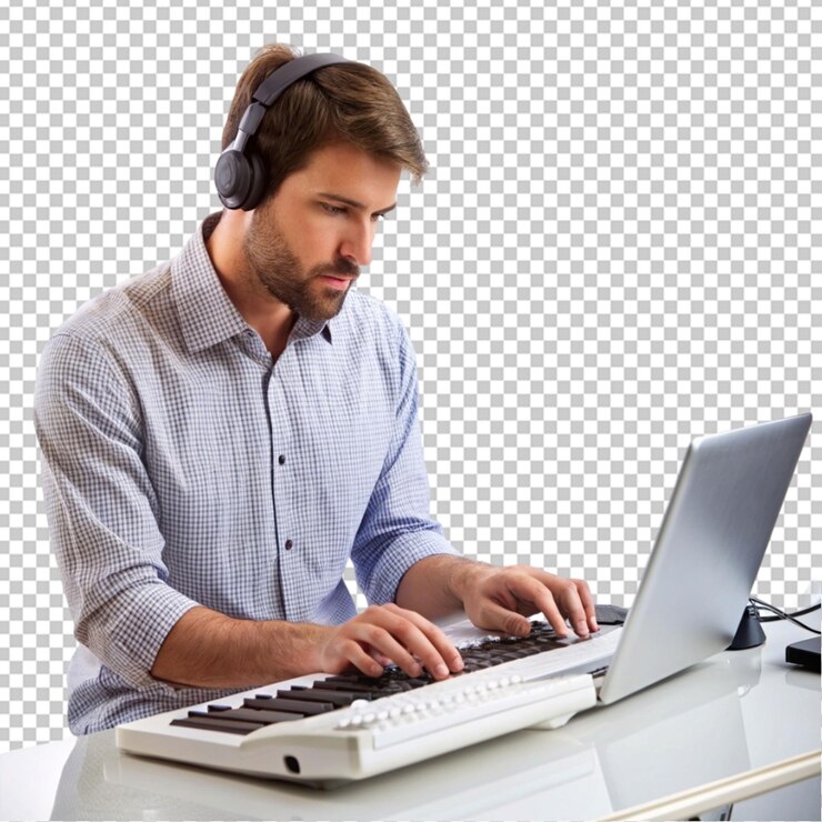 PSD musicista maschio crea musica usando un computer e una tastiera su uno sfondo trasparente