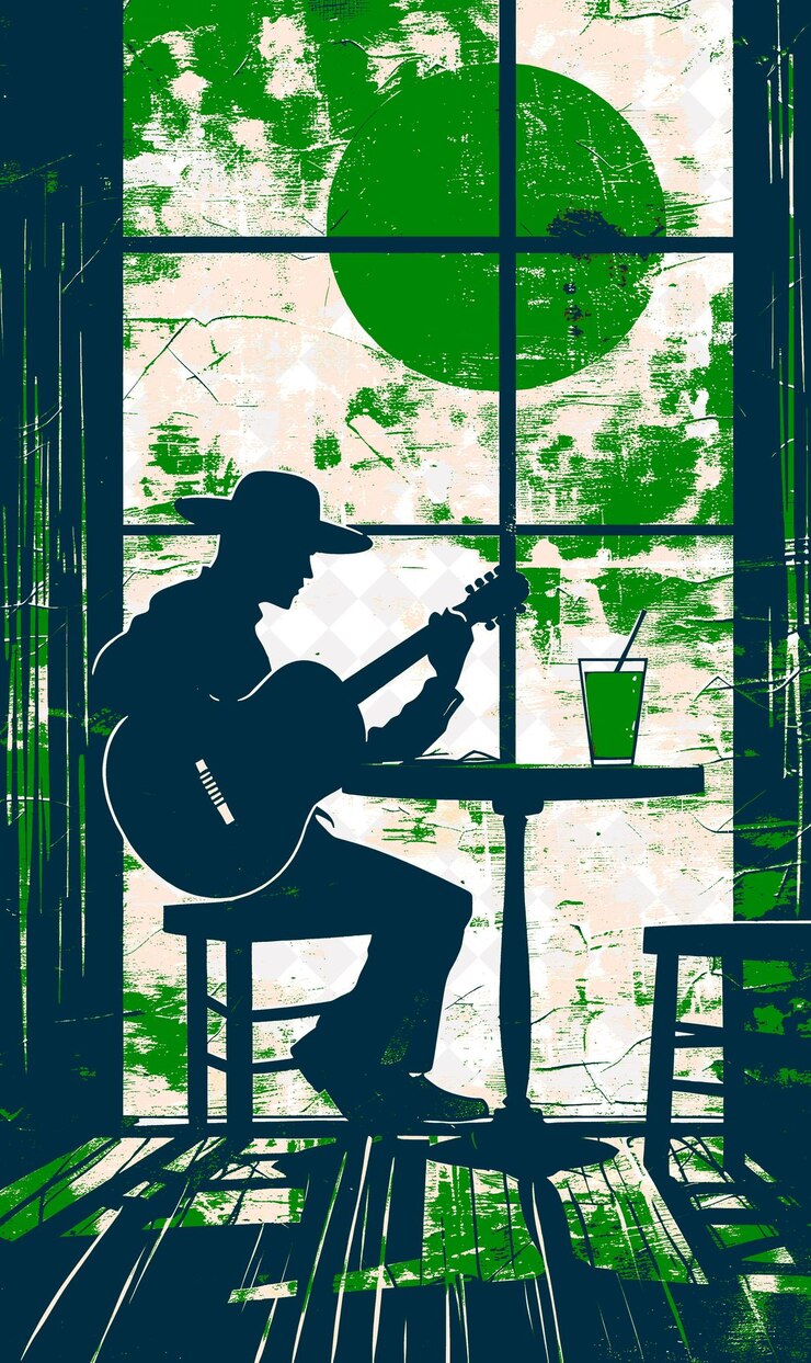 PSD músico de bossa nova tocando guitarra em um bar mal iluminado com uma cena brasileira e ilustrações culturais