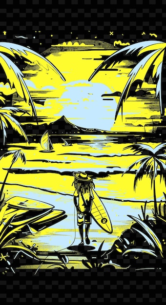 PSD músico de reggae em uma praia jamaicana com palmeiras e desenhos de cartazes de música de ilustração de surf