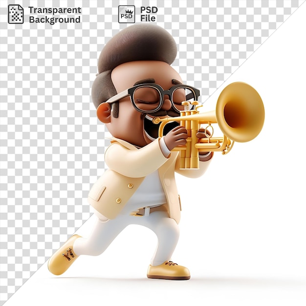 PSD músico de dibujos animados en 3d tocando un animado solo de trompeta acompañado de un cuerno de oro y usando gafas negras con un juguete y un brazo blanco visibles en el fondo