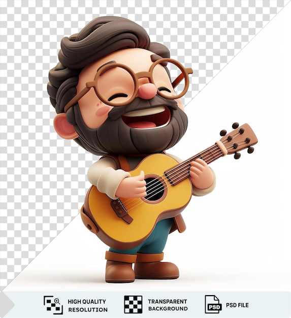 Músico de dibujos animados transparente 3d tocando una guitarra con una nariz rosa cabello negro y cara marrón usando gafas marrones y sosteniendo un juguete mientras una pequeña mano y una oreja rosa son visibles en el