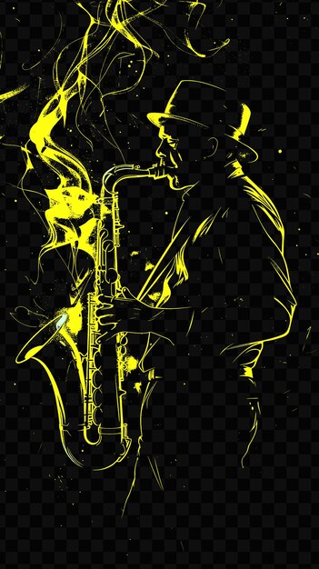 PSD músico de jazz tocando el saxofón en un escenario débilmente iluminado con el cartel del día mundial de la música