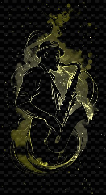 PSD músico de jazz tocando el saxofón en un escenario débilmente iluminado con diseños de carteles de música de ilustración sm