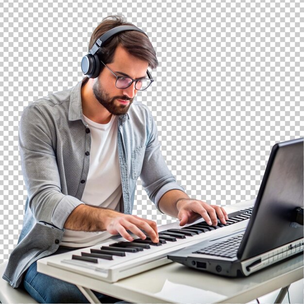 PSD músico masculino crea música usando una computadora y una tecla en un fondo transparente