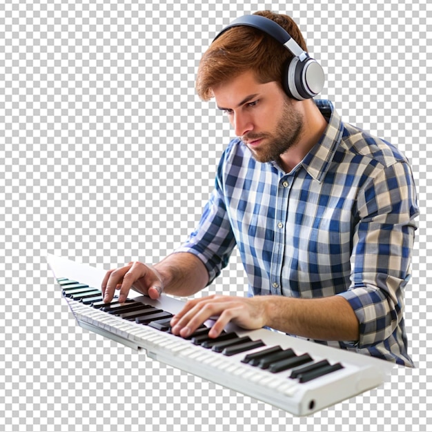 PSD músico masculino cria música usando computador e tecla em fundo transparente