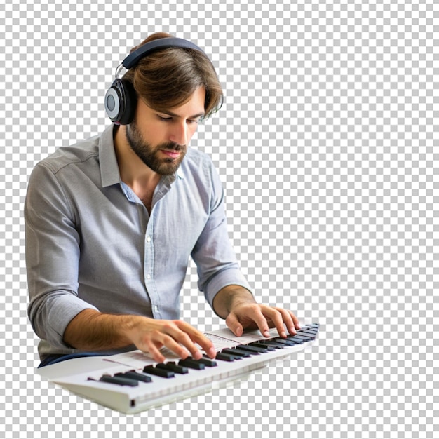 PSD músico masculino cria música usando computador e tecla em fundo transparente