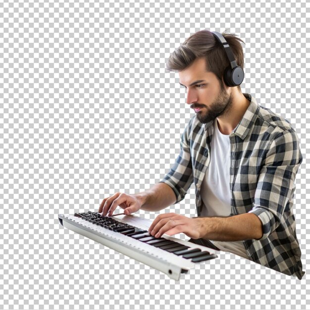 PSD músico masculino cria música usando computador e tecla em fundo transparente