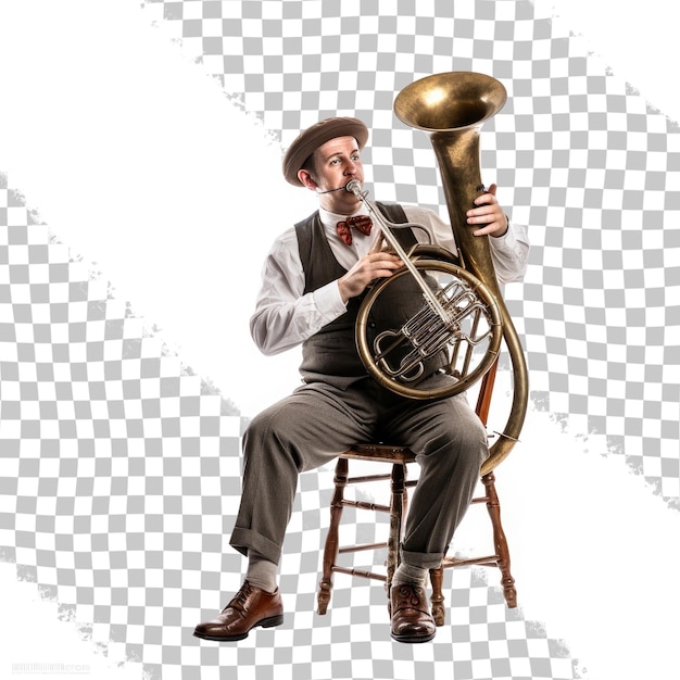 PSD músico masculino sentado en una silla y tocando un trombón aislado en un fondo transparente