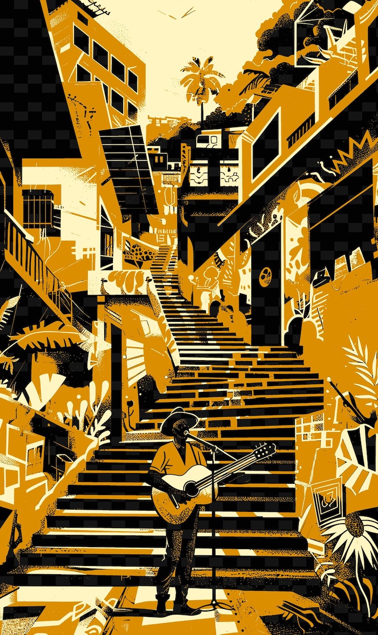 PSD músico de samba en una favela de río de janeiro con coloridos diseños de carteles musicales ilustrados con mura