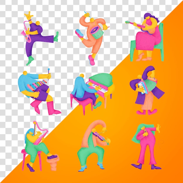 Músicos adesivo png colorido conjunto gráfico plano