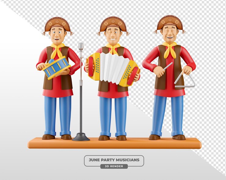 PSD músicos de dibujos animados en 3d celebrando la fiesta junina sao joao