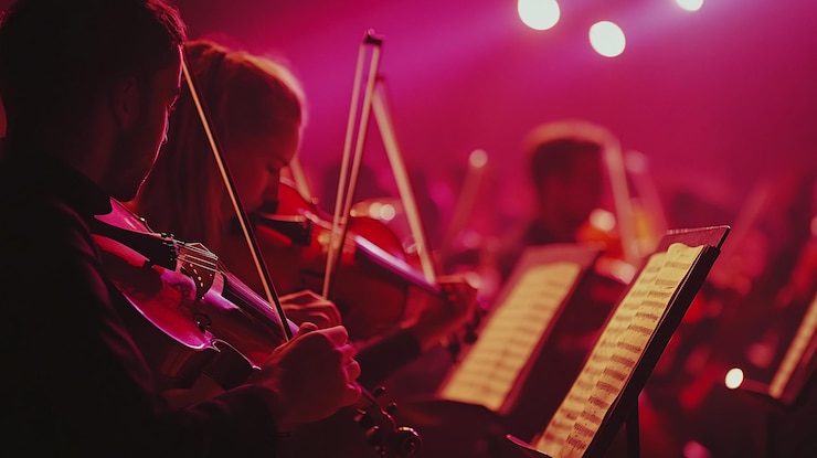 PSD músicos de orquesta tocando violines en una sala de conciertos con un tono rosa