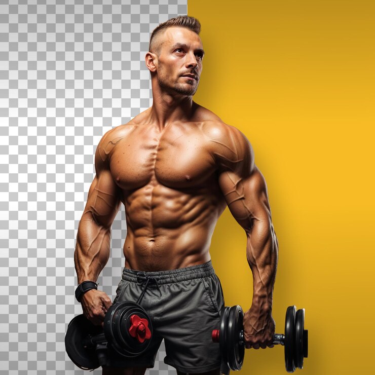 PSD muskulöser bodybuilder posieren mit hanteln hintergrund durchsichtig