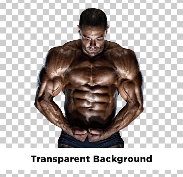 Muskulöser Bodybuilder posiert und zeigt seinen Körperbau auf durchsichtigem Hintergrund