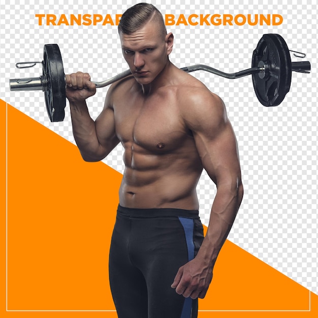 Muskulöser Mann hebt Gewichte im Fitnessstudio mit durchsichtigem Hintergrund