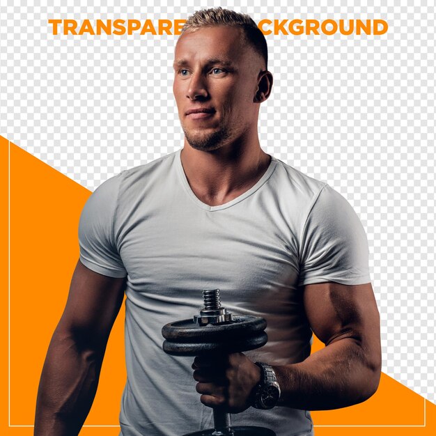 Muskulöser Mann hebt Gewichte im Fitnessstudio mit durchsichtigem Hintergrund