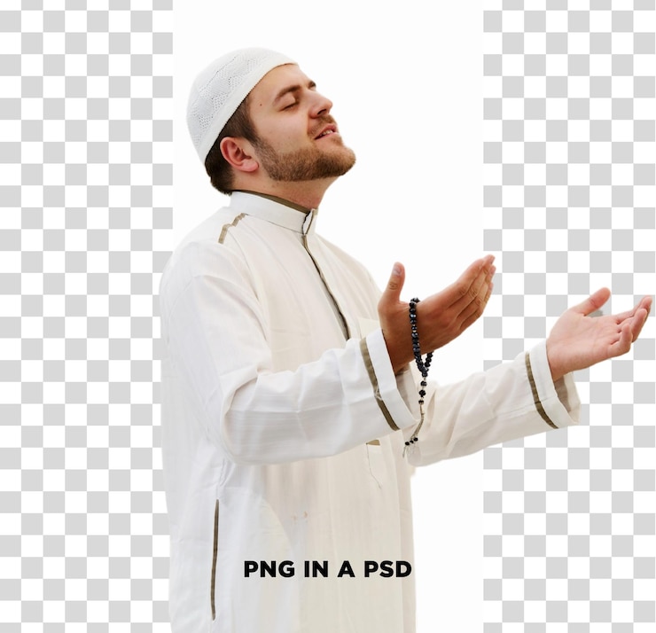 PSD muslim man in prayer with open hands isolated on transparent background