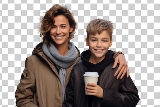 PSD mutter und sohn halten einen take-away-kaffee auf einem isolierten chromakey-hintergrund