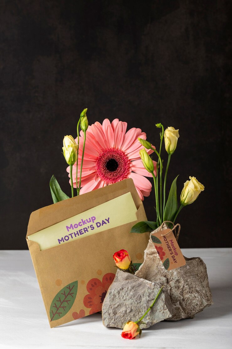 PSD muttertagsmodell mit umschlag und blumen