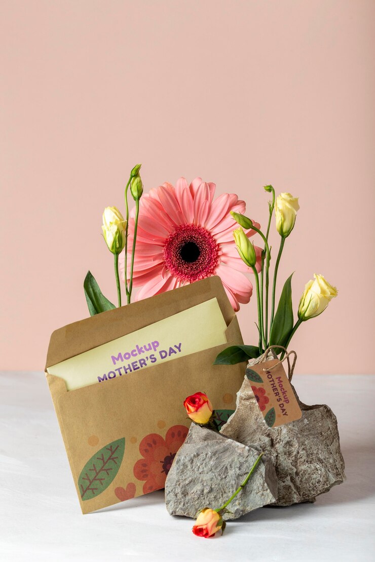 PSD muttertagsmodell mit umschlag und blumen