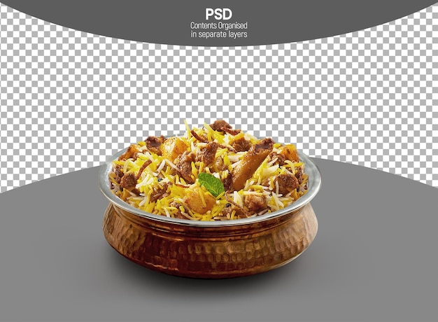 Mutton Biryani in einer luxuriösen Schüssel, isoliert auf durchsichtigem Hintergrund