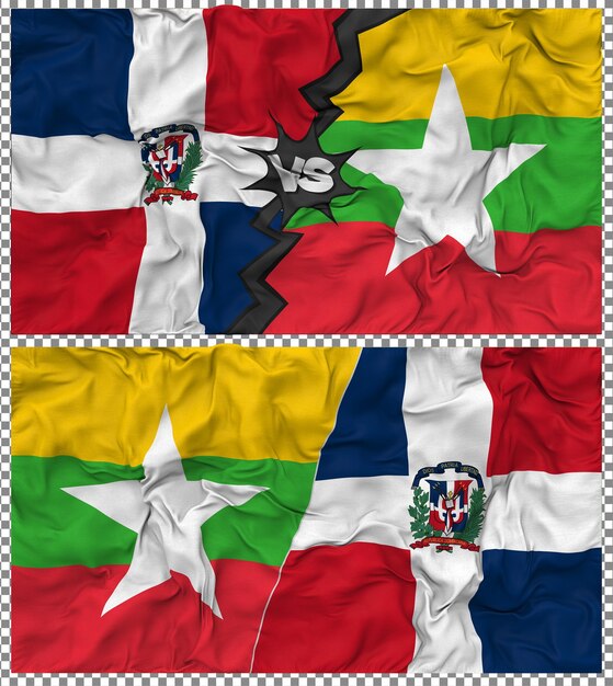 Myanmar gegen Dominikanische Halbkombinierte Flagge Stoff-Bump-Textur 3D-Rendering