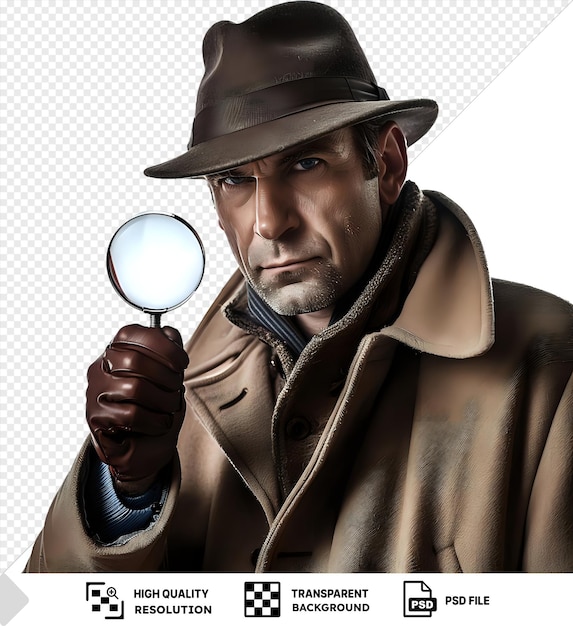 PSD mysterious detective examining clues with a magnifying glass