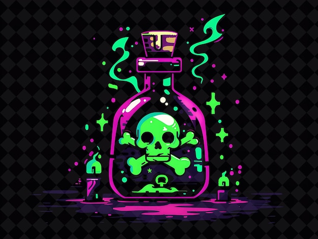 PSD mysterious potion flasche 16-bit-pixel mit schädeln und kreuz y2k form neon farbkunst sammlungen