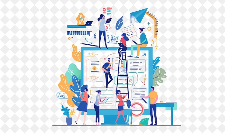 PSD mystischer schriftsteller mit charakteren, die geschichten und gehirne schreiben, um png-menschen in der täglichen arbeit zu illustrieren