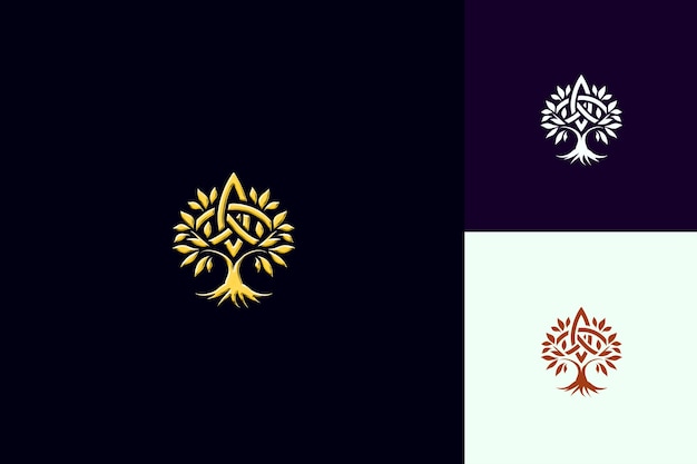 PSD mystisches druiden-logo mit einem keltischen knoten und einem baum für dekorative kreative abstrakte vektordesigns