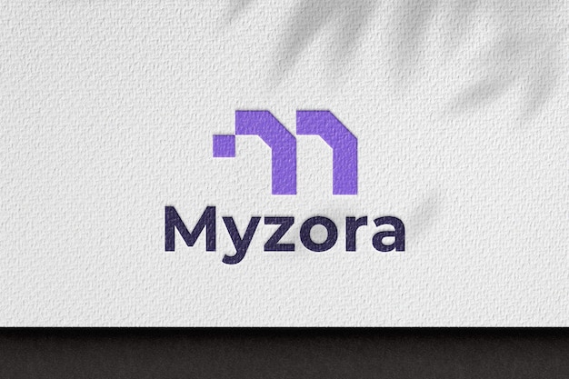 Myzora premium logo mockup on white paper with debossed effect
