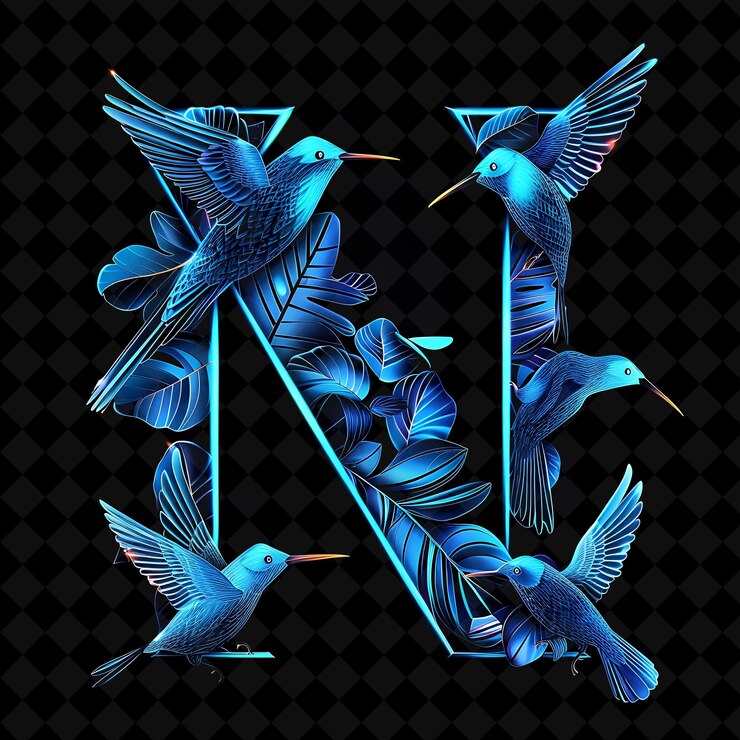 PSD n letra adornada con neón iluminado pájaros de papel con delgado color neón colección de arte de forma y2k