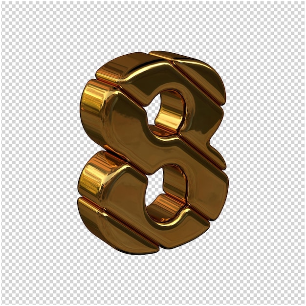 Nach rechts gedrehte Zahlen aus Goldbarren auf transparentem Hintergrund. 3D-Nummer 8