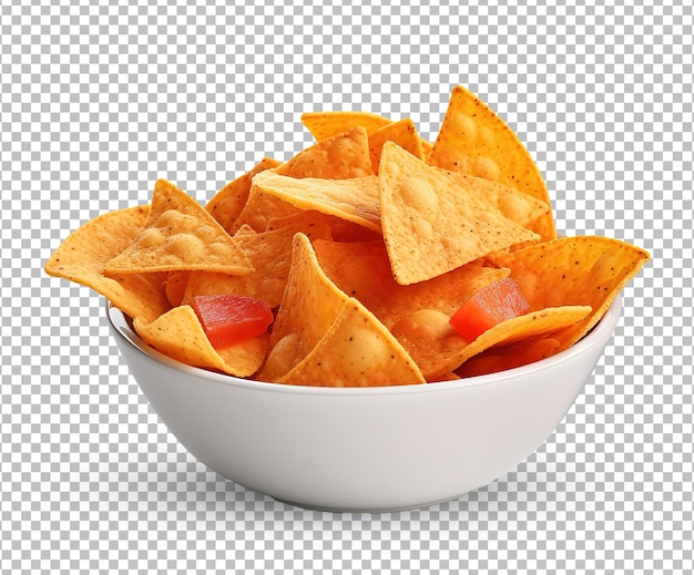 Nachos-chips in einer schüssel mit isoliertem weißen hintergrund