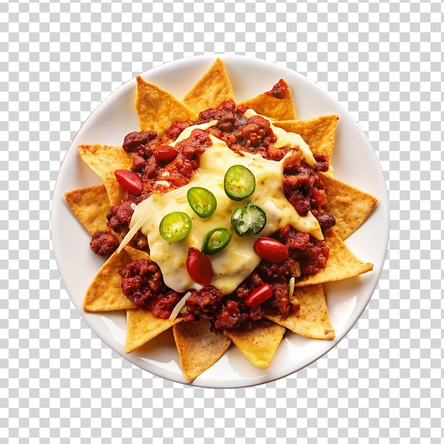 Nachos com pimentão e queijo em prato branco isolado em fundo transparente