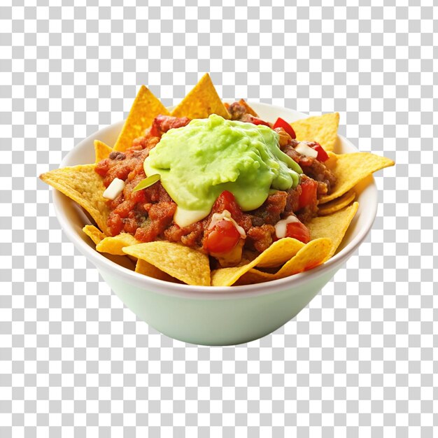 Nachos en un cuenco sobre un fondo transparente