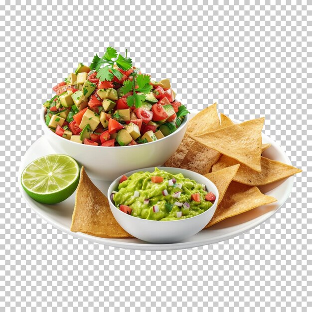 Nachos con guacamole aislados sobre un fondo transparente