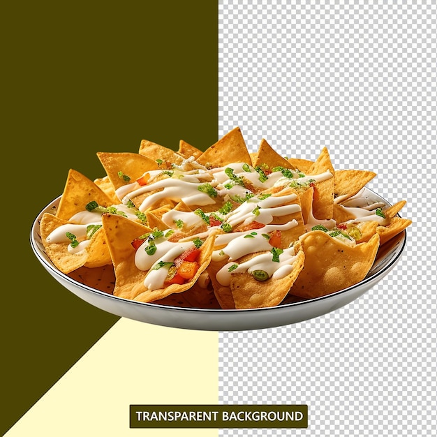 Nachos mit soße schön auf einem servierteller, köstlicher und warmer transparenter hintergrund