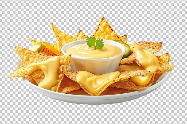 Nachos con salsa de salpicaduras de queso aislados en transparente