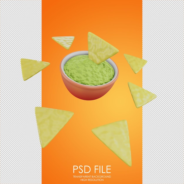 Nachos-Symbol Nachos mit Guacamole-Symbol Würzige grüne Avocado-Sauce mexikanisches Essen lateinamerikanisches Essen Fast-Food-Symbol für Landing Page Design 3D-Renderillustration