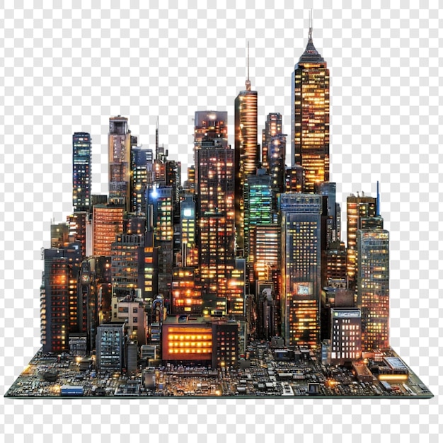Nachtlandschaft der Stadt auf einer Leiterplatte Moderne Technologie Stadtlandschaft