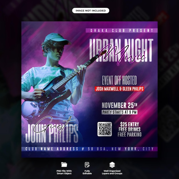 Nachtparty-Flyer für städtische Musik und Web-Banner-Vorlage für soziale Medien