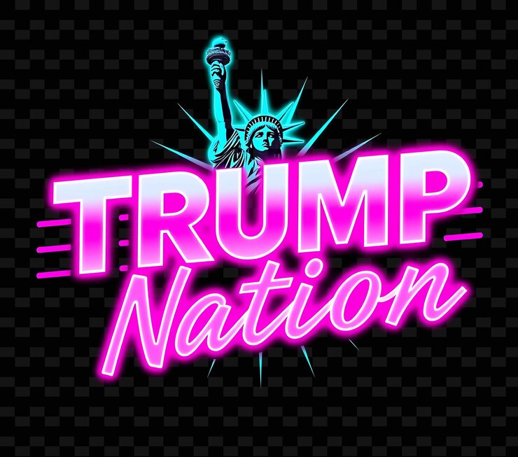 PSD la nación radiante de trump texto en neón rosa caliente y menta fresca con una deslumbrante estatua de la libertad y dotte