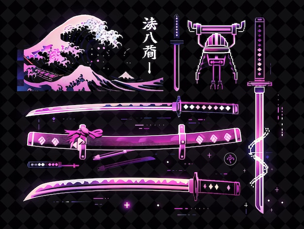 PSD naginata pixel item con diseño de samurai y olas y colecciones de arte de color de neón de forma y2k de japón