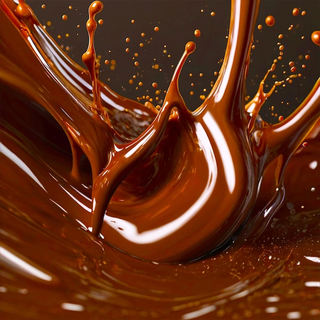 Nahaufgießen von flüssiger schokoladenkrone in einem schokoladenbecken mit kreiswellen seitlicher ansicht
